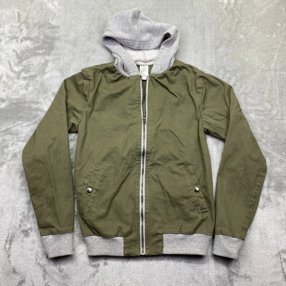 Balera Olive Green Zip Up Hooded Bomber Jacket With Gray Ribbed Cuffs and Hood M